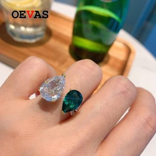 OEVAS 100% 925 Sterling Silver 8*12mm Synthetic Emerald Resizable Radiant Cut Rings For Women Sparkling Wedding Fine Jewelry