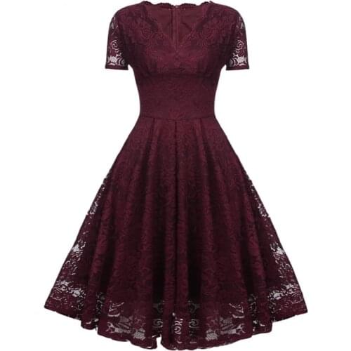V-Neck Lace Elegant Party Night Midi Dresses for Women 2021 Fashion Office Ladies Short Sleeve Burgundy Pleated Swing Dress
