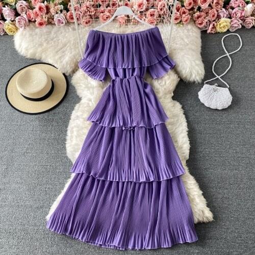 Womens Spring Summer Runway Fashion Sexy Slash Neck Elastic Pleated Cake Dress Female chicTravel Beach Dress TB1880