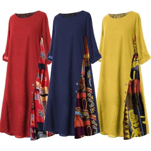 40%HOT Plus Size Women Vintage O Neck 3/4 Sleeve Side Buttons Printed Loose Long Dress