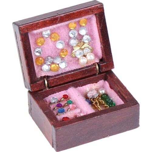 1PCS Vintage Jewelry Box 1/12 Scale Dollhouse Miniature Miniatras Wooden House Decor Furniture Accessories Toy