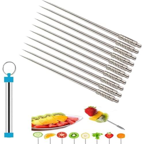 10Pcs Outdoor Stainless Steel Titanium Toothpick Dispenser Container Pocket with Reusable Food Fruit Picks for Camping Picnic