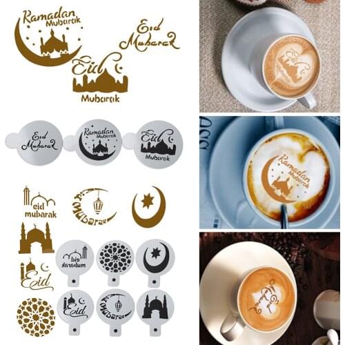 3/6 Pcs Eid Mubarak Ramadan Coffee Printing Template Spray Stencil Set DIY Biscuits Fondant Cake Decoration Tools Drink Decor