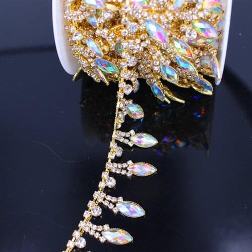 1 yard Shiny AB Crystal sewing on bridal belt applique birthday cake decoration Holographic Rhinestone Bridal Trim Fashion Chain