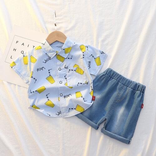 Children Cotton Clothes Summer Baby Boy short sleeve Printe Shirts Denim Pants 2Pcs/sets Infant Kids Fashion Toddler Tracksuits