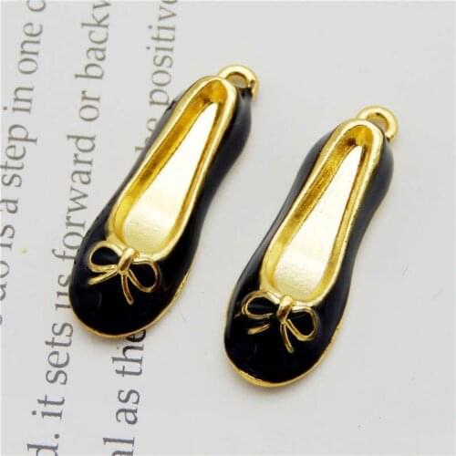 Julie Wang 5PCS Gold Tone Enamel Black Dance Shoes Alloy Charms Neckalce Pendant Findings Jewelry Making Wholesale Accessory