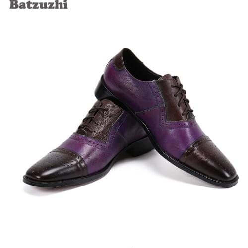 Batzuzhi Genuine Leather Dress Shoes Handsome Mens Shoes Pointed Toe Purple Lace-up Business Leather Shoes, Big Sizes EU38-46