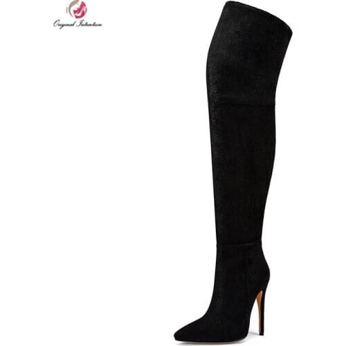 Original Intention Winter Classic Over the Knee High Boots Elegant Sexy Black Pointed Toe Thin Heel Flock Shoes Woman Dress