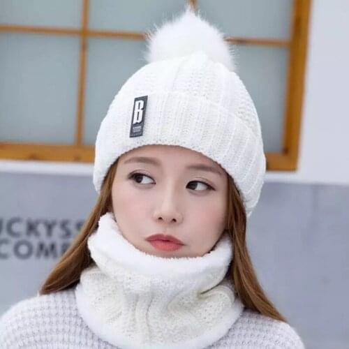 Two pieces Hat Scarf Set Beanie Cap woman Hats Girls Caps Fake Ball Pompon Keep Warm Winter Knitted Skullies
