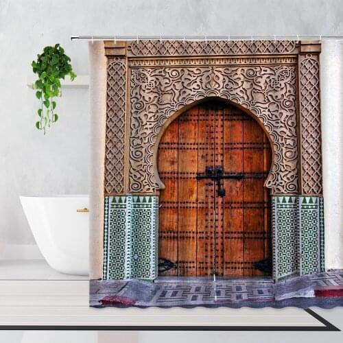 Moroccan Architecture Shower Curtains Retro Arched Wooden Door Home Decoration Background Wall Cloth Bath Curtain Bathroom Decor