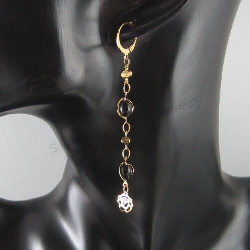 MIN ORDER IS 10$ / EARRING FLOWER PATTERN WIDTH BLACK BEADS DANGLER TALL 80 MM 3.15" WIDTH 8 MM 0.31" - YELLOW GOLD GP