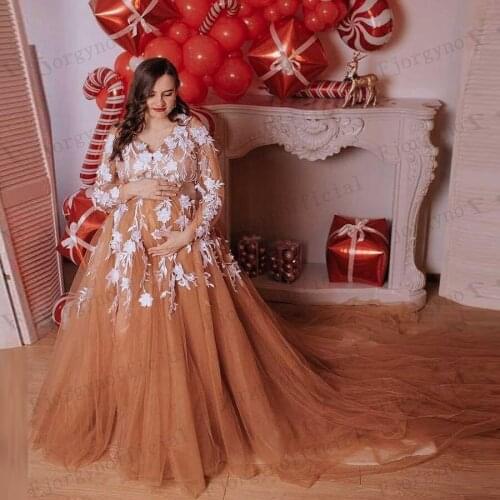 Fashion Long Sleeve Tulle Pregnancy Dresses with Applique Lace Custom Made High Quality Maternity Evening Gowns Party Dress 2021