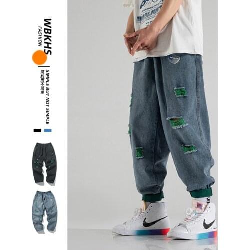 2021 Spring Autumn Men Ripped Jeans Loose And Oversized Slacks Casual Denim Trousers