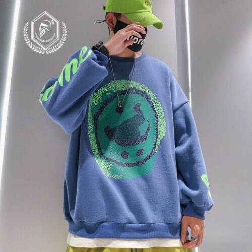 Men Fashion Loose Print Fleece Heavyweight Casual Pullover Hip Hop Sweatshirts