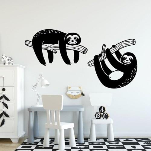 Set of 2 Sloth Wall Decal Safari Animal Wall Decal Sloth on Tree Wall Decor Vinyl Sticker for Kids Room Nursery Decor Mural C332