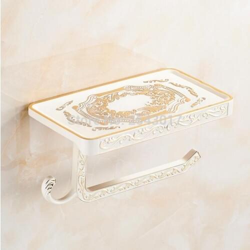 New Arrival Bathroom Accessories Toilet Roll Paper Holder with Mobile Phone Rack Wall Mounted White Painted with Hook ZR2334