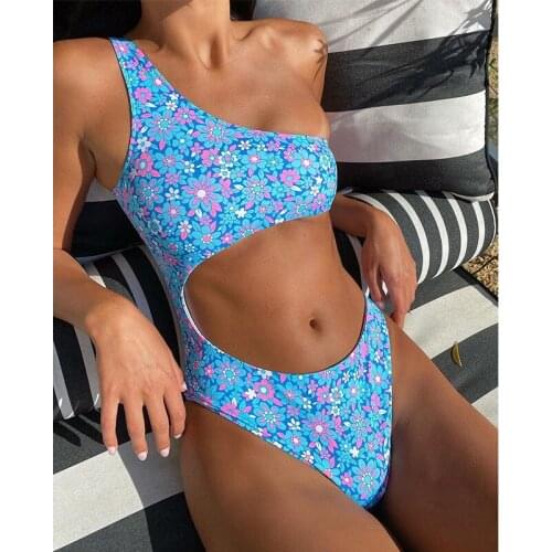 2021 New Sexy One Shoulder Swimsuit Women One-piece Printed Floral Swimwear Push Up Bodysuit Hollow Out Bathing Suit Monokini