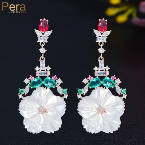 Pera Beautiful Tassel Big Shell Flower Drop Insert Color CZ Stone Long Wedding Dangle Earring for Women Korean Jewelry Gift E786
