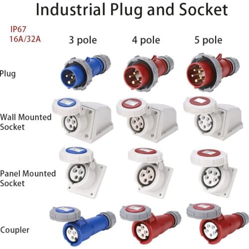 Industrial Plug and Socket 16A 32A 3 pole 4 pole 5 pole ip67 Wall Mounted Socket Panel Mounted Coupler Waterproof 220V 380V 415V