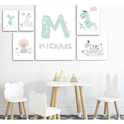 Simplicity Cute Dinosaur Posters and Prints Custom Name Print Painting Nursery Canvas Wall Art Pictures Kids Room Decoration