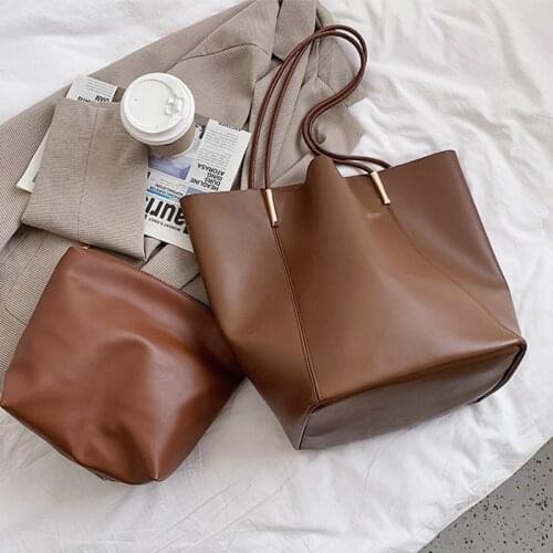 PU Leather Women Luxury Designer Handbag 2021 Shoppers Tote Bags Fashion Simple Style Solid Color Oversized Bucket Shoulder Bags