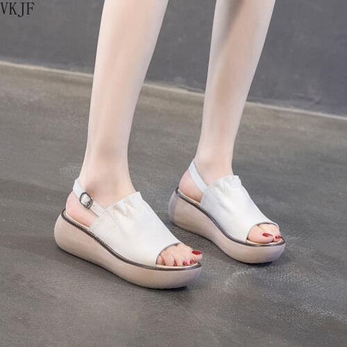 Women Sandals 2021 Summer New Thick-soled Mother Sandals Ladies Fashion All-match Wedge Soft Leather Retro Fish Mouth Shoes