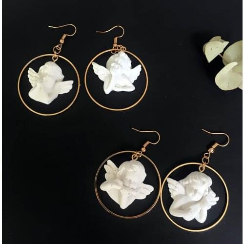 New Harajuku Cute Cupid Angel Pendant Drop Earring, Round Gold Metal Punk Chain Jewelry for Cool Women Friendship Girl Gifts