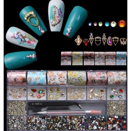 Nail Rhinestones Crystals Gems Jewels Multi Shapes Diamond with Tweezers for DIY Art Supplies Decoration Clothes Shoes