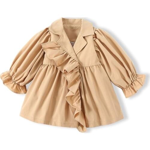 Kimocat Girls Long-Sleeved Short Trench Coat, Khaki Puffy Sleeve Jacket Spring Fashion Childrens Clothing 1-6 Years
