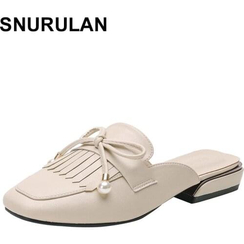 SNURULAN Pearl Bow-knot tassel mules mujer square toe slides summer shoes woman flip flops plus size 42/43 slippers women sandal