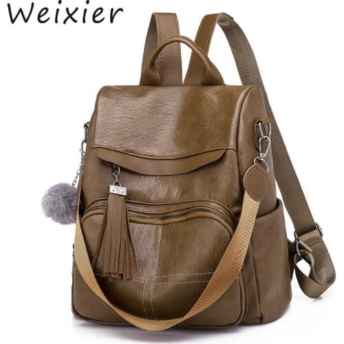 WEIXIER Women Backpacks For PU Soft Leather Backpack Travel Bagpack Light Book Bag Shoulder School Bags For Teenage Girls V1-24