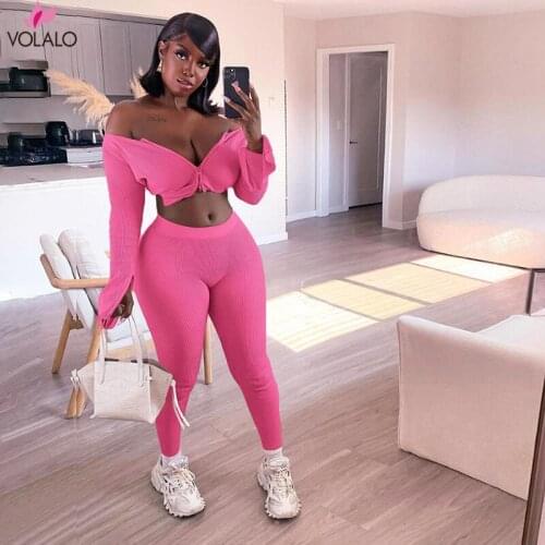 Ribbed Knitted 2 Piece Outfits Women Autumn Solid Slash Neck Jacket Tops+Elastic Leggings Matching Sets Hot New Streetwear