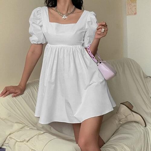 S-L Women Sexy Backless Short Dress, Ladys Solid Color Square Collar Short Bubble Sleeve Skirt, Daily Life