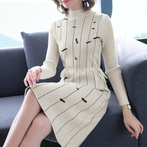 2020 New Sexy Autumn Winter Striped Knit Dress Womens Long section Turtleneck Female Long Sleeve Bottoming Wool Sweater Dress