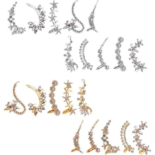 10Pcs Crystals Flower Stars Ear Wrap Crawler Hook Earrings Ear Cuff Non Piercing Clip on Cartilage Earrings Kit Jewelry