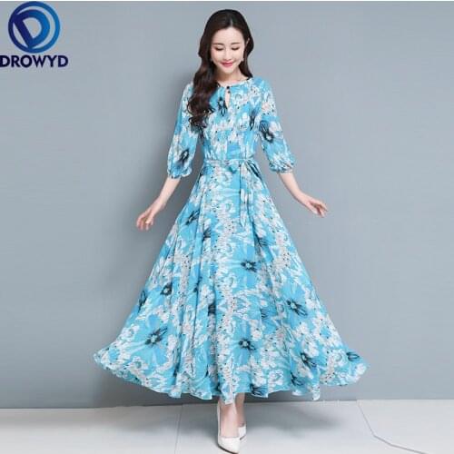 2021 Summer Plus Size M-3XL Round Collar Flower Printed Three-quarter Sleeve Women Chiffon Long Dress Fashion New Party Vestidos