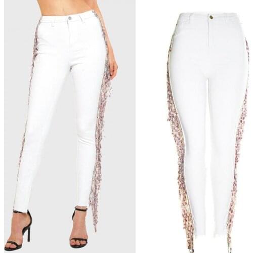 2021 Summer Plus-size Slim Legged Pants Womens Capris Ins Super Sparkle Piece Bead Piece Tassel Pants Stretch Slim White Jeans