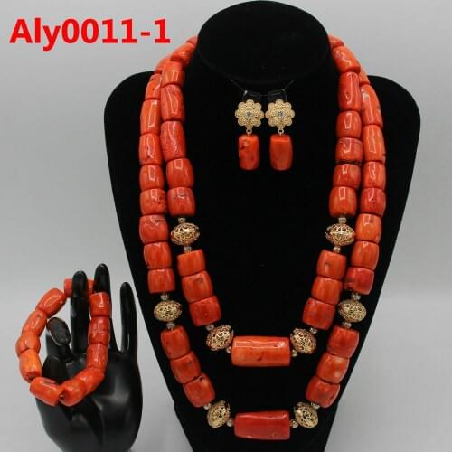 African Nigerian Wedding Coral Necklace Set 2020 Fashion Real Coral Jewelry Set for Women Gold Bridal Beads Jewellery Aly0011-1