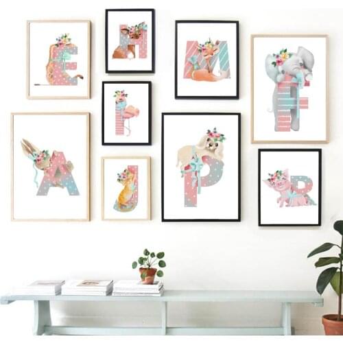Alphabet Flower Flamingo Bear Rabbit Fox Animal Wall Art Canvas Painting Nordic Posters And Prints Wall Pictures Kids Room Decor