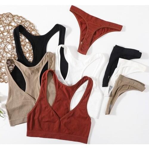 Women Bra Set Sexy Lingerie Seamless Top Set Brazilian Panties Thongs Sport Bralette Female Deep V Brassiere Underwear Sleepwear