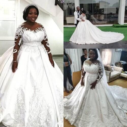 Dubai Arabic Plus Size Satin Ball Gown Wedding Dresses 2021 Elegant Lace Beaded Bridal Sheer Long Sleeves Court Train Vestidos