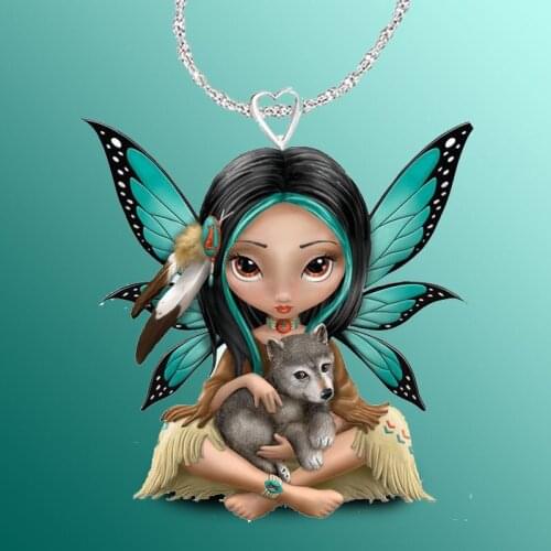 Elegant Green Spirit Wolf Cub Necklace for Women Exquisite Butterfly Pendants Necklace Wedding Engagement Fashion Jewelry 2021