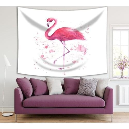 Tapestry Tropical Exotic Bird Rose with Pink Flamingo Watercolor Splashes on White Background Art Printed