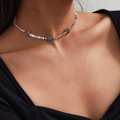 Meetvii Beautiful CZ Rhinestone Flower Choker Necklace for Women Gold Multicolor Crystal Chain Chokers Statement Jewelry