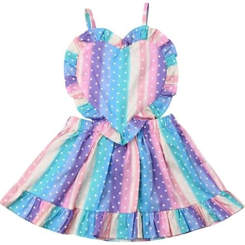 Cute Toddler Baby Girls 1-5Y Dress Love Colorful Rainbow Striped Ruffles Strap Dress Romper Summer Outfit Clothes