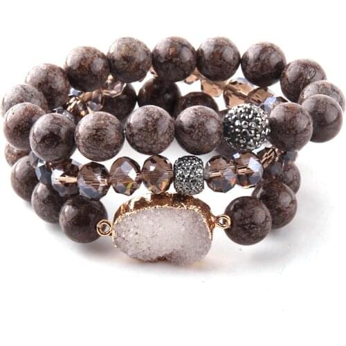 MOODPC Fashion Beautiful 3pc set Stone Bracelet Sets 12mm Natural Stone White Druzy Link & Glass Crystal Pave Bracelets