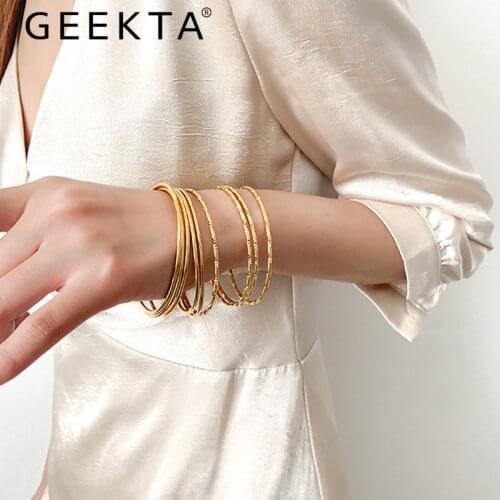 Gold Color Copper Bracelets Set Minimalist Miniature Carved Bangles Set Circle Metal Wire Indian Jewelry Party Gifts 8Pcs