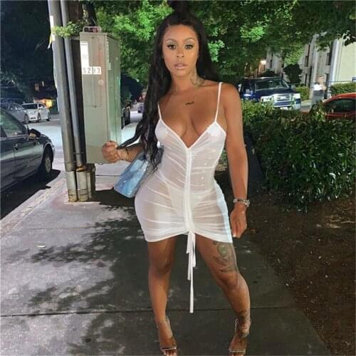 2021 Summer New Sexy Woman Dress European and American Womens Suspender Dress Mesh See-Through Drawstring Skirt Beach Dress