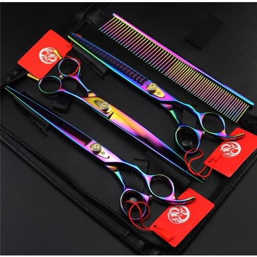 Brand Pet Grooming Scissors Set 8.0 inch Professional Japan 440C Dog Shears Hair Cutting+Thinning+Curved Scissors With Comb Case