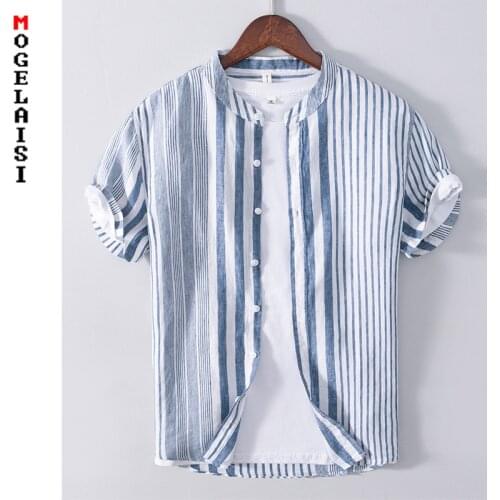 Casual blue striped shirt men short sleeve linen high quality man tops clothing Summer fashion breathable shirts Asian size L540